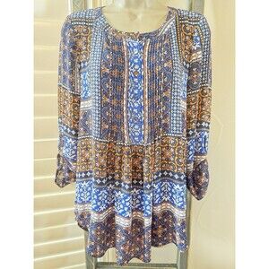 Daniel Rainn Top Women Small Blue Orange Floral Popover Pleated Patchwork Retro